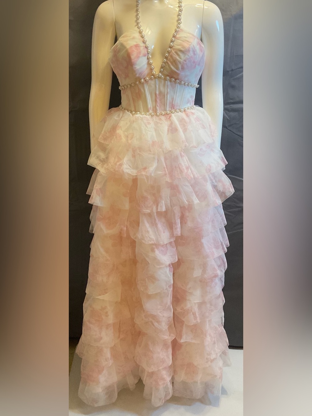 Jeweled Pink Floral Tiered Ruffle Dress with Pearl and Rhinestone Detailing